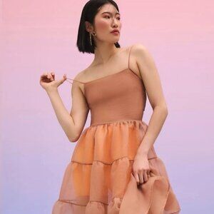 Free People x OhSevenDays Tiered Sheer Mini Dress XS Light Sand Organza Smocked